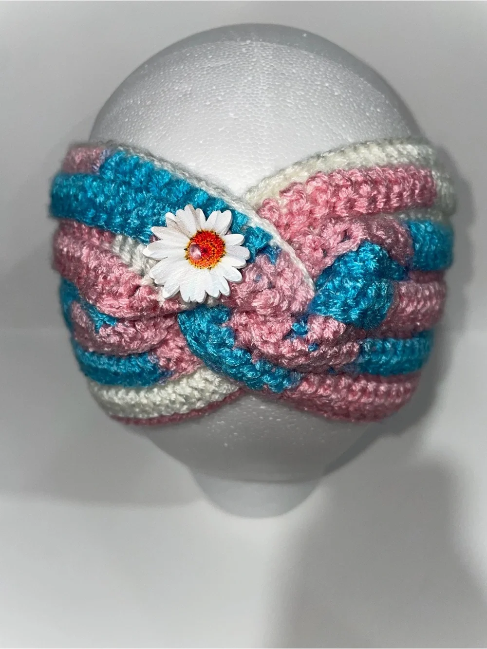 Hand Crafted Pink, Blue & White Crochet Daisy Twist Headband